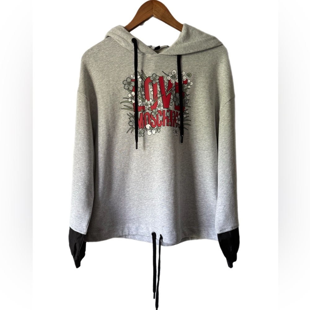 NWT Love Moschino Gray and Black Floral Red Logo Hoodie Sz 4 100% Cotton